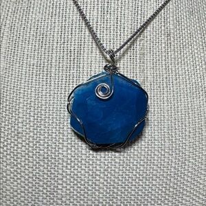 Silver Plate Wire Wrapped Blue Gate Pendant with Silver Plate Chain